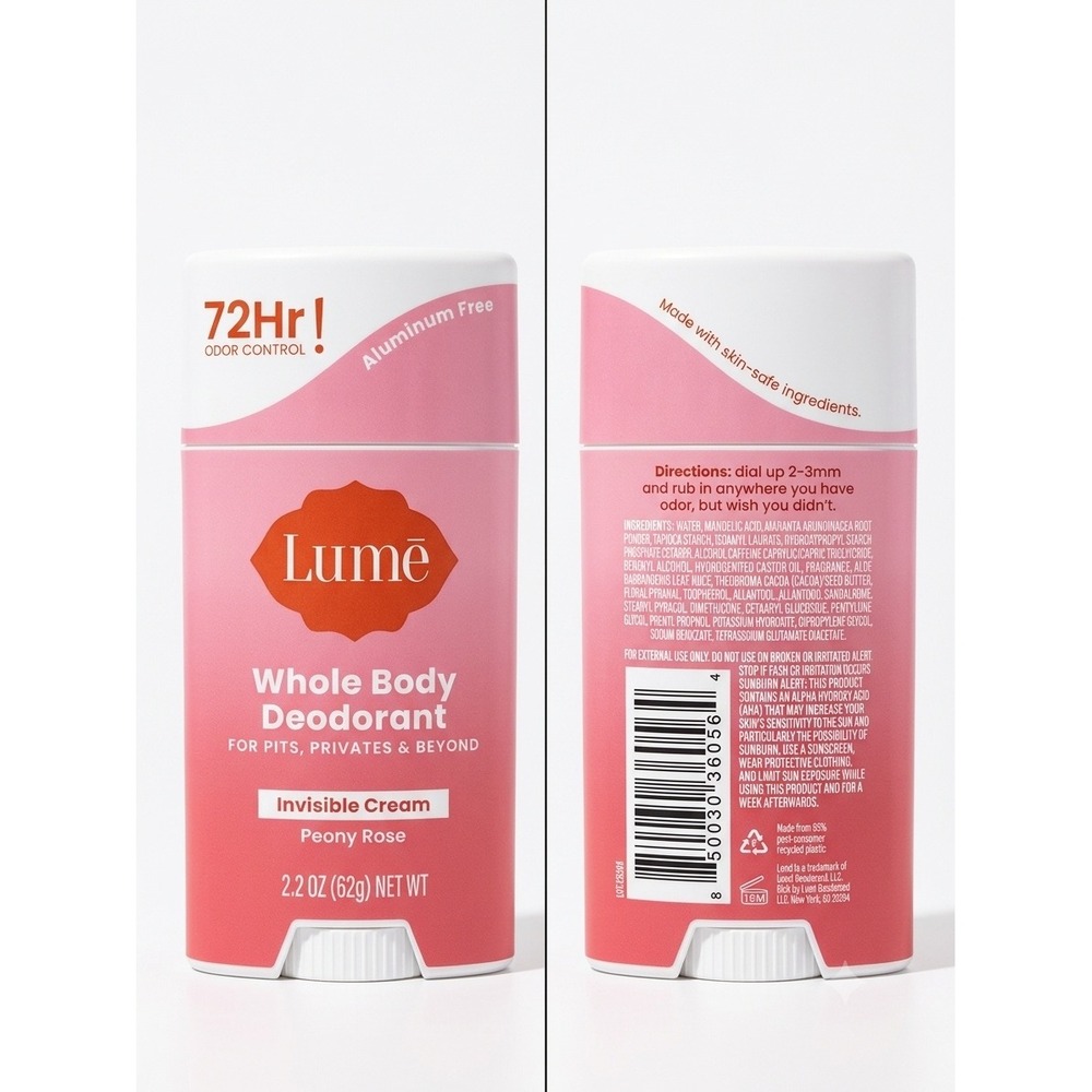 Lume Whole Body Deodorant Invisible Cream Peony Rose 2.2 oz Stick Aluminum Free